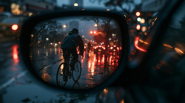 Cyclist in City Traffic Reflected in Car Side Mirror on Rainy Evening