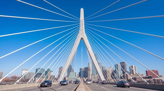 Zakim Bridge and Boston Skyline on Sunny Day