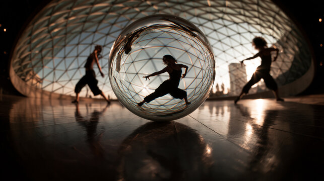 Silhouettes of Contemporary Dancers Reflected in Crystal Ball