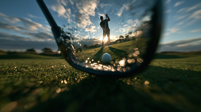 Golfer Swinging Club on Green at Sunset