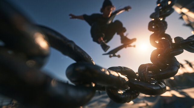Skateboarder Jumping in Mid Air Framed by Chains
