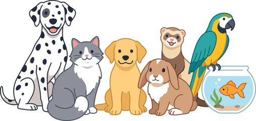 Naklejka premium Group of cute cartoon pets including dog cat rabbit ferret parrot and goldfish sitting together as happy friends group