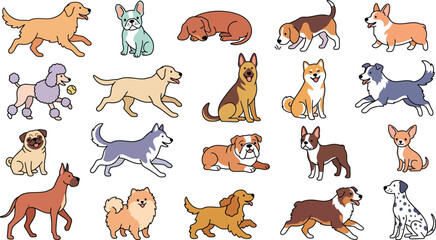 Obraz premium Set of various dog breeds in different poses and colors illustration collection isolated on a transparent background