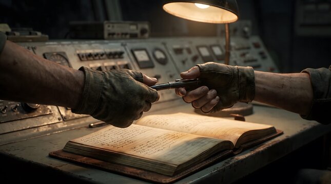 Hands passing pen over logbook at control desk