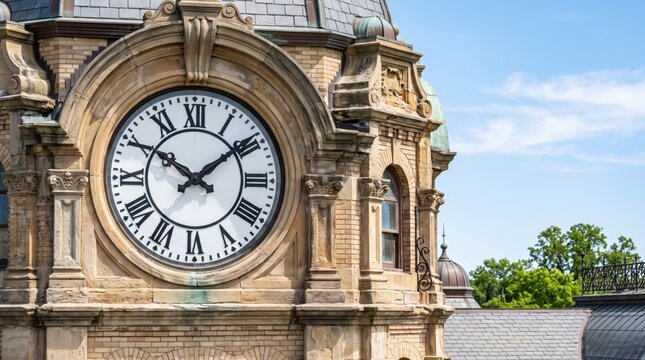 Courthouse clock tower face with detailed clock and historical architecture. Courthouse clock tower features large clock face and intricate design, surrounded by sunny sky and trees.