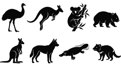 Obraz premium Native Australian wildlife silhouettes featuring emu, kangaroo, koala, wombat, dingo and platypus arranged in two distinct rows on a plain white backdrop for educational purposes.