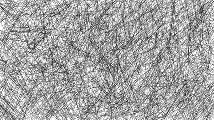 Abstract chaotic black pencil scribble background texture on white. Hand-drawn design element representing chaotic thoughts, stress, brainstorming, complex networks, and modern line art style. © Iryna