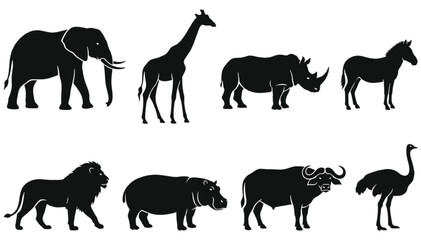 Fototapeta premium African safari animal silhouettes featuring iconic large mammals like elephants, giraffes, rhinoceros, zebras, lions, hippos, buffaloes, and ostriches rendered in crisp black vector style.