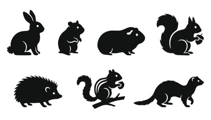 Obraz premium Small mammal silhouettes presenting charming black vectors of rabbits, hamsters, guinea pigs, squirrels, hedgehogs, chipmunks, and ferrets displayed as clean graphic symbols for designers.
