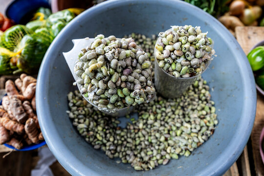 Black eye beans ( feijao de corda in portuguese) on display on street market stall in Sao Paulo, Brazil