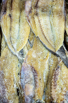 Dried and salted hake, merluza in portuguese, for sale at central food market, Sao Paulo, Brazil