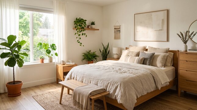 Cozy modern bedroom interior featuring a wooden bed with neutral bedding and several indoor plants near a large window with numerous green houseplants arranged near window