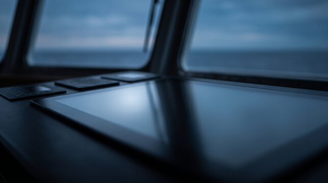 Modern ship bridge with digital displays overlooking the ocean