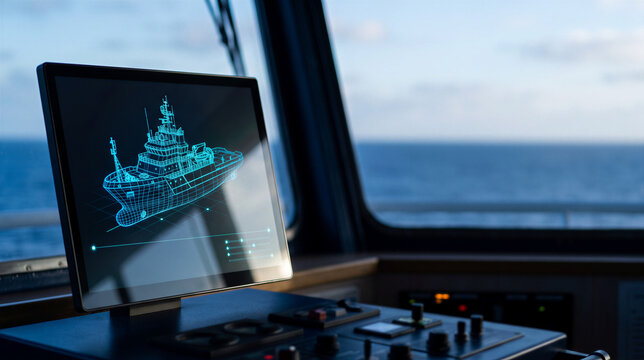 Computer screen displays a wireframe of a ship in a ship's bridge.