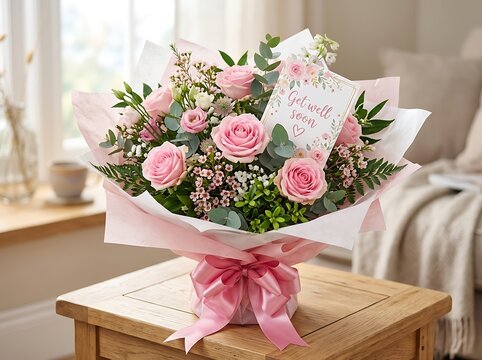 Beautiful bouquet of pink roses and mixed flowers with a get well soon card on a wooden table