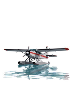 Hand-drawn seaplane with red stripes resting on calm mountain lake, isolated vector illustration with reflective water details for travel and transport designs