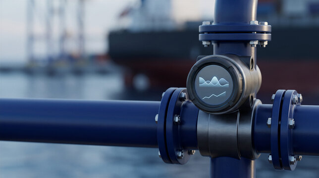 Industrial pipeline with a digital flow meter at a port