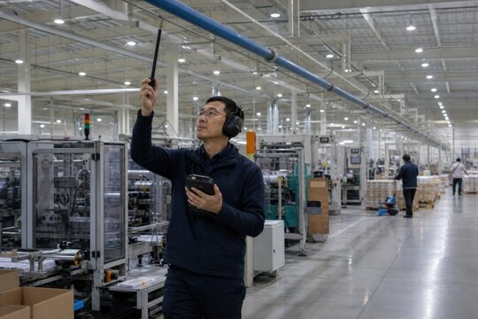 Compressed air audit energy auditor header through wide east asian man his 40s lean build following overhead bright hall