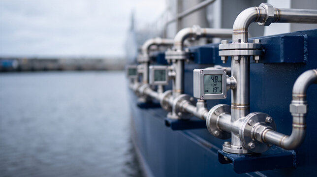 Industrial pipes and sensors on a ship near water