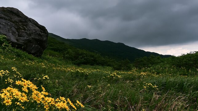 Aomori climate resilient meadow with boulder