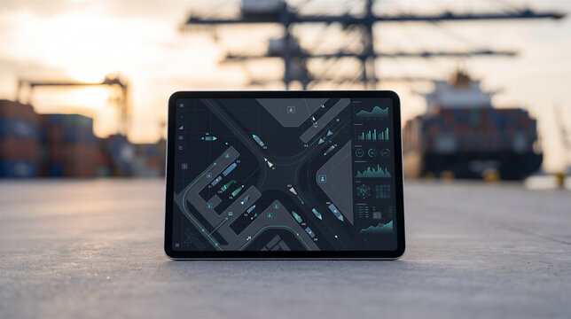 Tablet displays port traffic management system at industrial harbor