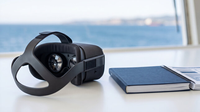 Virtual reality headset and notebook on a table overlooking the sea