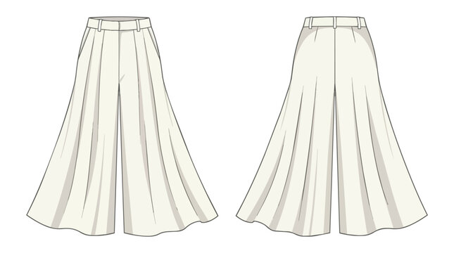 Professional Technical Fashion Illustration of High Waisted Wide Leg Pants with Front and Back View Sketches