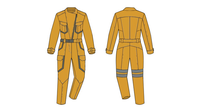 Industrial Safety Workwear Yellow Jumpsuit Boiler Suit Design with Reflective Details Front and Back View