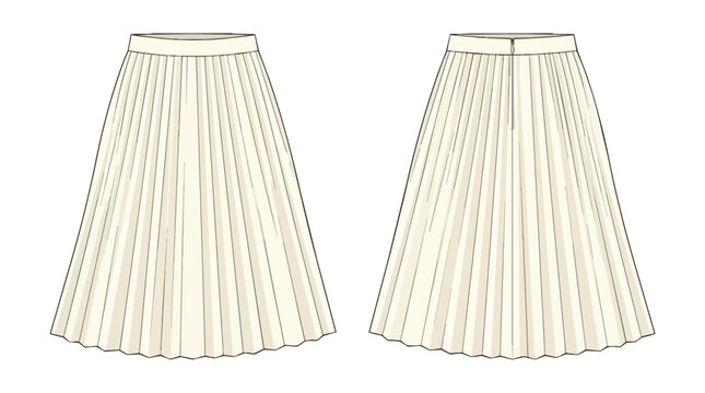 Technical Drawing of a Cream Pleated Midi Skirt with Sunray Folds Front and Back View Fashion Design Template