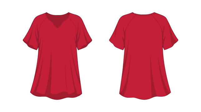 Red Women V-Neck T-Shirt Mockup Front and Back View Blank Short Sleeve Tunic Tee Fashion Apparel Template