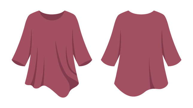 Blank Women Maroon Tunic Top Template with Asymmetrical Hemline and Three Quarter Sleeves Front and Back View