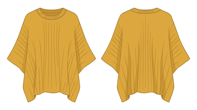 Mustard Yellow Women Knitted Oversized Poncho Cape Sweater Technical Drawing Front and Back View Fashion Template