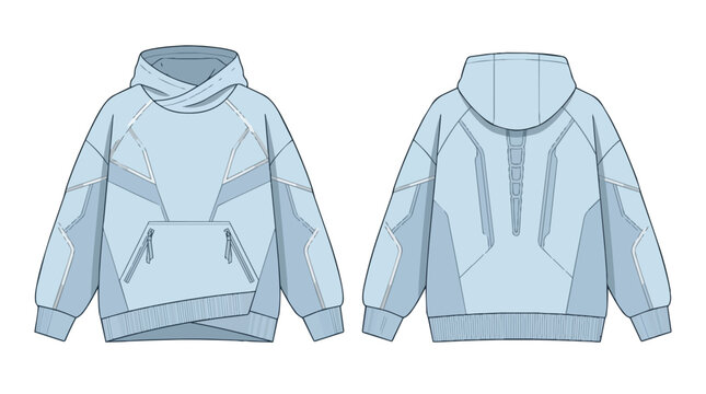 Professional Light Blue Oversized Hoodie Technical Flat Sketch with Paneled Detail and Front Back Views for Clothing