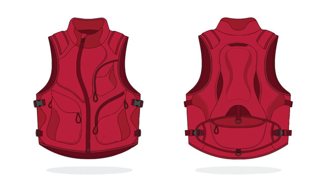 Red Technical Tactical Utility Vest for Outdoor Activities with Multiple Pockets and Straps Front and Back View