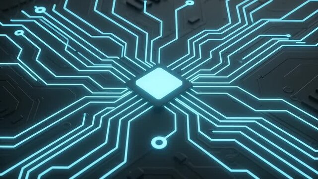 Glowing circuit board traces connecting to central computer chip