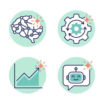 A balanced 2x2 square composition of four matching flat vector AI business icons (brain, automation gear, growth chart and chatbot), each on a soft mint circular badge with coral sparkle accents.