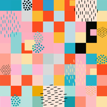 Abstract geometric seamless pattern with colorful squares, bright patchwork texture background, modern memphis style wallpaper vector illustration,seamless geometric pattern