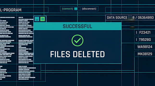 Digital interface showing successful file deletion, a clear concept of secure data management, system integrity, and efficient digital operation completion, ensuring privacy