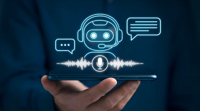 Human Hand Holding Smartphone Displaying Artificial Intelligence Chatbot Interface with Voice Waveform and Digital Communication Icons