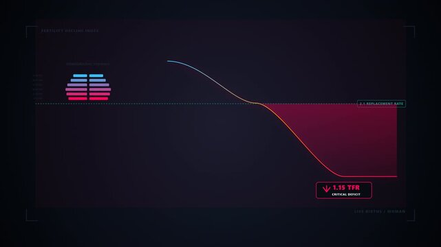 Demographic data visualization motion graphic showing a steep birth rate decline and shrinking population pyramid breaching replacement fertility threshold. Premium 8-second 4K seamless loop with tran