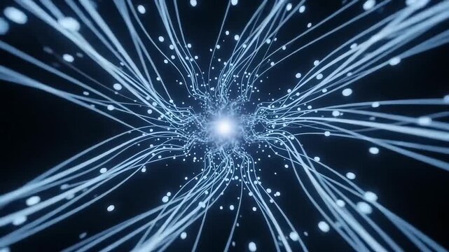 Glowing light particles flowing through dark space abstract motion bac