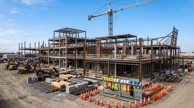 Large steel frame building under construction with heavy machinery and safety equipment at a site with rises active construction multi story steel