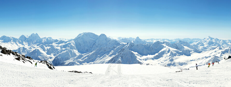 Panorama of winter mountains in Caucasus region,Elbrus mountain, Russia