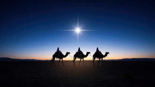 A seamless pattern three wise men traveling under the star of bethlehem