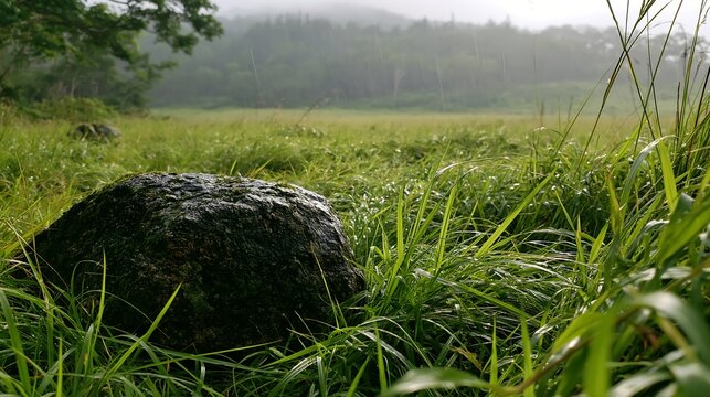 Aomori climate resilient meadow with boulder in grassy field