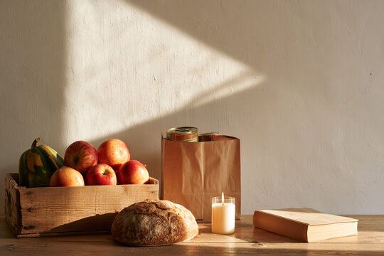 A plain wooden table set for harvest thanksgiving holds squash and apples, a round loaf, a lit candle and tinned food bagged for a food bank, in soft October light.