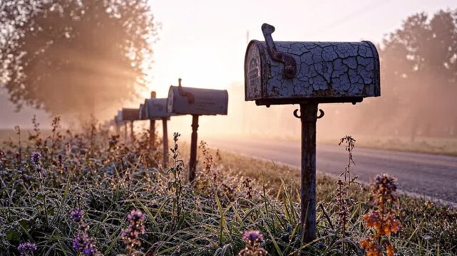 Row of vintage mailboxes on a rural roadside during a misty sunrise with golden light rays and serene atmosphere