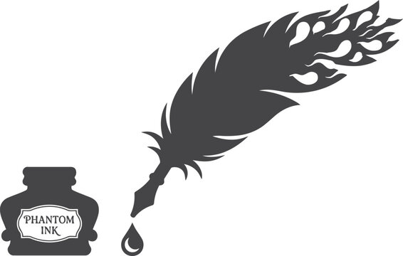 Black silhouette of a burning feather quill pen and an ink bottle for writing and calligraphy