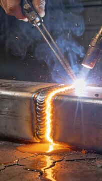 Vertical video: Torch heating gloved hands with tongs, forming weld bead in workshop, joining steel