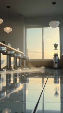 Vertical video: Warm sun revealing metal barstools at diner, causing steam near window with grinder